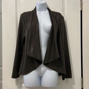 Brown flyaway cropped cardigan duster with black contrast